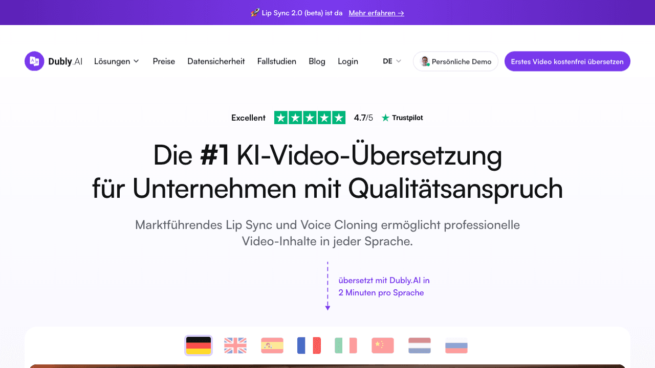 Dubly.AI Plattform-Oberfläche mit Video-Dubbing-Dashboard, Lip-Sync-Steuerung, Sprachauswahl und Übersetzungsvorschau — Screenshot März 2026