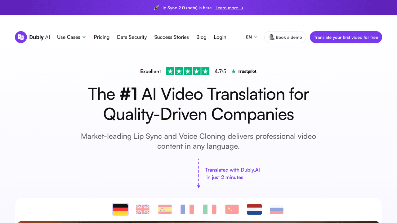 Dubly.AI platform interface showing the video dubbing dashboard with lip sync controls, language selection, and translation preview — screenshot March 2026