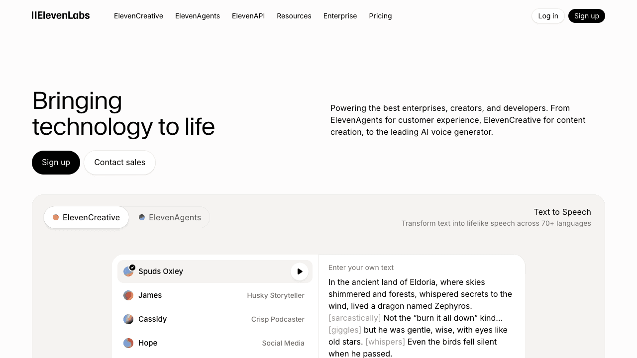 ElevenLabs platform showing voice cloning interface with text-to-speech controls, voice library, and audio generation preview — screenshot March 2026